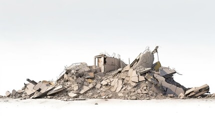 Remain of Destruction. Panoramic View of Isolated Concrete Wreckage and Debris from a Destroyed Building on White Background: Generative AI - obrazy, fototapety, plakaty