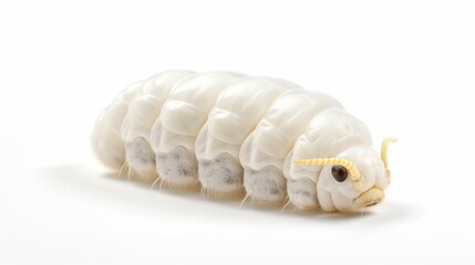 Fototapeta na wymiar Silkworm Larvae on White Background for Animal Themes. Isolated with Half Face Looking Away. Perfect for Insect Lovers. Generative AI