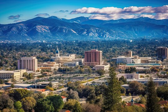 Panoramic Aerial View of City of Pasadena, California with Stunning Purple Trees and Majestic Mountain Ranges in the Background: Generative AI