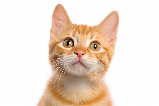 An adorable orange tabby kitten looks at the camera, isolated on white background. Ai generated.