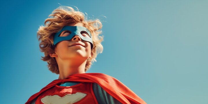 a young boy envisions himself with superpowers, defending the defenseless as a noble hero.  Fictitious person generated by Ai.