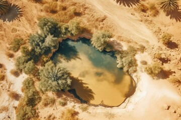 Oasis in a desert, seen from above. Ai generated.