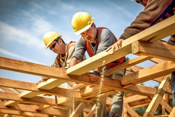 meticulous craftsmanship of skilled carpenters as they expertly complete the wooden beam structure of a house. Ai generated.