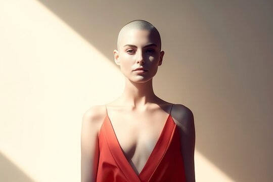 Model Woman With Shaved Hair, Posing. Ai Generated.