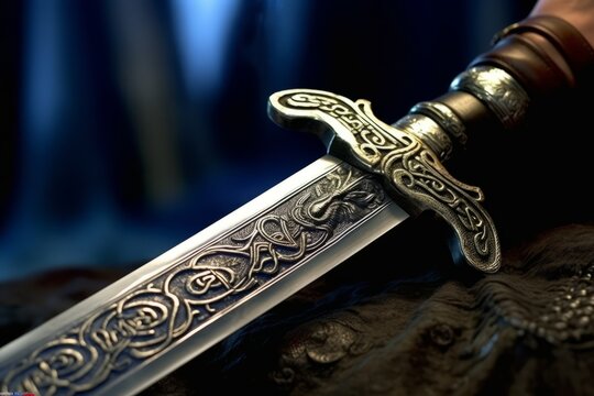 An image focusing on the iconic sword of a Highlander, highlighting its intricate engravings. Generative AI