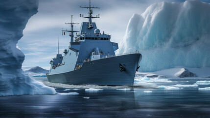 Illustration of a navy vessel passing through arctic waters. Generative AI. 