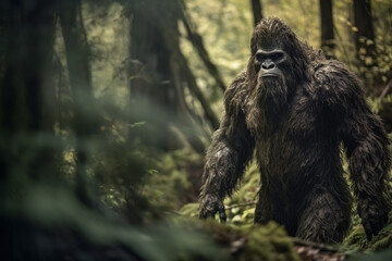 Illustration of a bigfoot or a mythic sasquatch standing in a dark forest. Generative AI. - obrazy, fototapety, plakaty