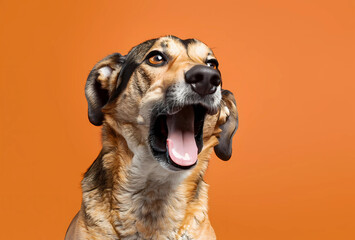 Portrait of a beagle dog looking at the camera on an orange background. Generative AI