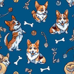 Seamless pattern of cute corgi dogs, and dog staff, pet dog accessories realistic composition, against a background of blue