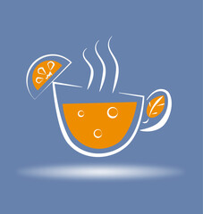 A cup of tea with tangerine is outlined with a white line on a colored background. Vector illustration