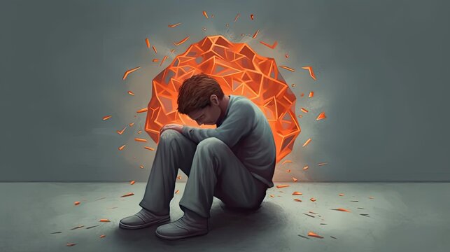 Depression, anxiety, and mental health concept illustration. Sadness, fear, and intrusive thoughts. Feelings of loneliness and doubt. Therapy.
