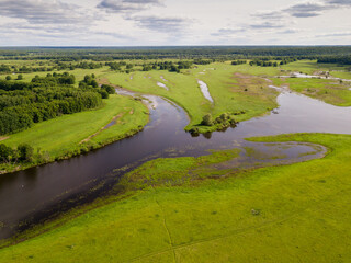 Fototapeta na wymiar Panoramic view of gulf meadows in the floodplain of the Oka River, Russia