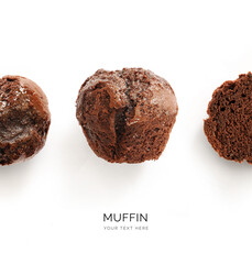 Creative layout made of chocolate muffin on the white background. Flat lay. Food concept.