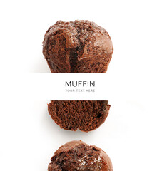 Creative layout made of chocolate muffin on the white background. Flat lay. Food concept.