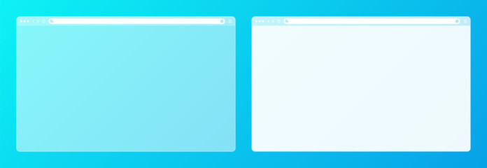 Blank transparent web browser window with toolbar and search field on colorful background. Modern website, internet page. Browser mockup for computer, tablet and smartphone. Vector illustration