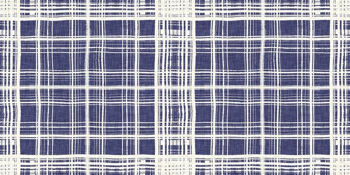 Masculine indigo tartan linen seamless border. All over print of navy blue lodge plain cotton plaid ribbon.
