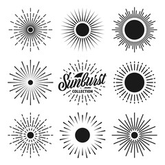 Vintage sunburst, sunset beams collection. Hand drawn bursting sun, light rays. Logotype or lettering design element in retro style. Vector illustration