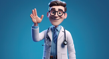 3d render, cartoon character smart trustworthy doctor shows inviting gesture. Happy professional specialist. Medical presentation clip art isolated on blue background. Generative AI