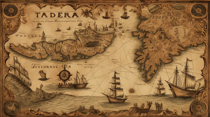 Historical map, treasure map, pirate map with pirate ships, islands and nautical signs. Generative AI
