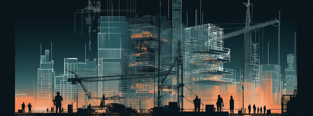 Illustration digital building construction engineering with double exposure graphic design. Building engineers, architect people, or construction workers working. Generative AI