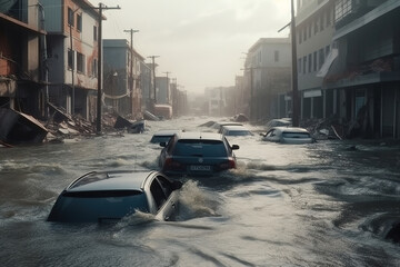 A cinematic portrayal of a city destroyed by Tsunami waves in a disaster, with flooded streets, cars carried by waves and damaged buildings. Matte painting technique. Generative AI - obrazy, fototapety, plakaty