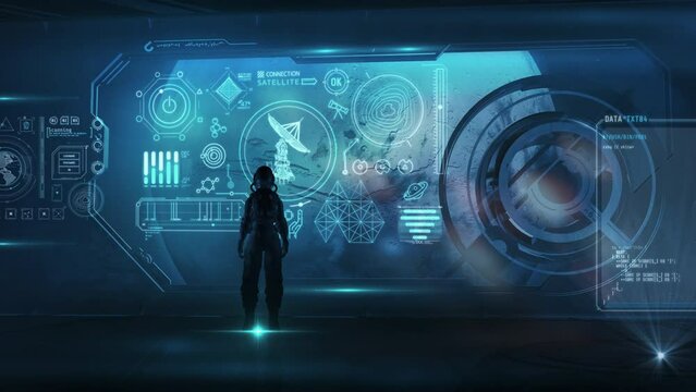 Astronaut in front of a virtual panel. 3D render