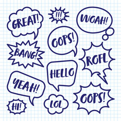 Hand drawn comic speech bubbles on checkered paper sheet. School notebook for drawing. Simple retro cartoon stickers. Chatting, message box. Vector illustration