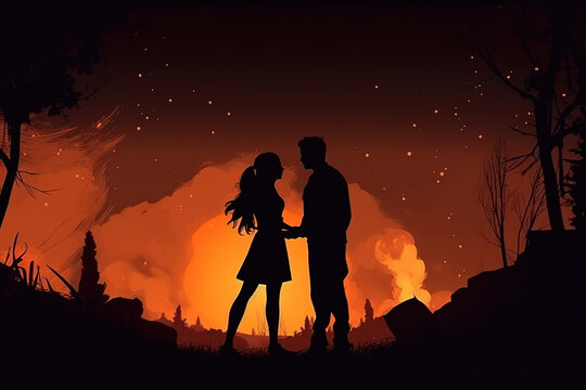Silhouette of a couple in love dancing in front of a campfire in the middle of the night surrounded by forest and mountains. Generative AI.