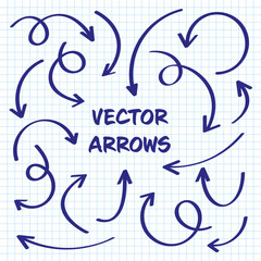 Hand drawn arrows on checkered paper sheet. School notebook for drawing. Doodle arrow icon, simple monochrome pointer silhouettes. Outline, line art. Vector illustration
