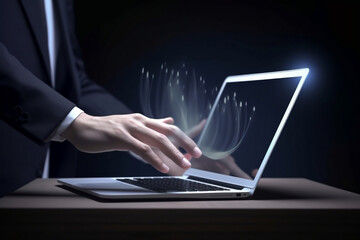  Laptops with holographic graphics representing business technology and KPIs. generative with AI