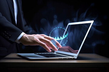  Laptops with holographic graphics representing business technology and KPIs. generative with AI