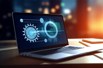  Laptops with holographic graphics representing business technology and KPIs. generative with AI