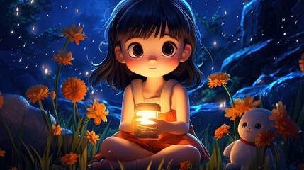 Cartoon character girl at night