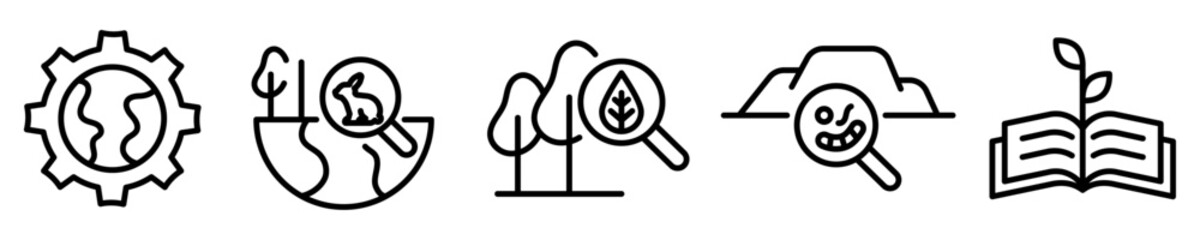 Conjunto de iconos de ciencias ambientales. Ambientología. Conservación, educación, restauración, sostenibilidad y estudio del medio ambiente. Ilustración vectorial © Frank
