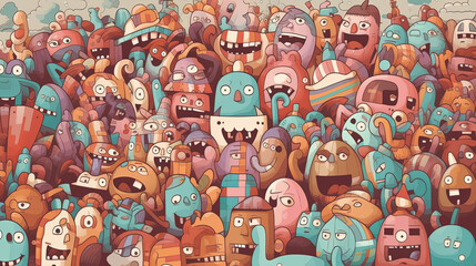 Funny colorful quirky cute design character illustration. Composition of a cheerful crowd influenced by graffiti