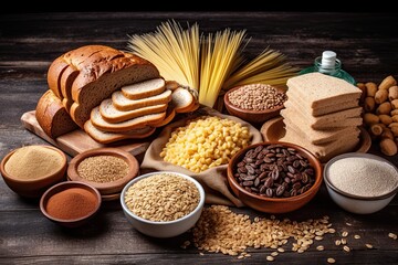 Assorted Simple Carbohydrates: Sugar and Fast Foods Based on Buckwheat for Quick Eating: Generative AI - obrazy, fototapety, plakaty