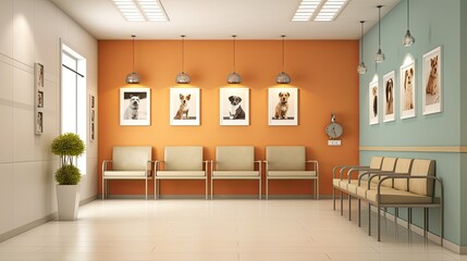 Bright and Contemporary Vet Waiting Room with Clean Aesthetics and Empty Posters for Clinic and Care: Generative AI - obrazy, fototapety, plakaty