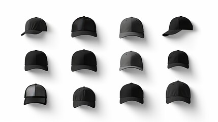 Blank Hat Mockup Template Collection: Isolated Cut-out Objects of Black Trucker Caps for Sport, Truck Driver or Baseball Theme Design in Various Angles: Generative AI