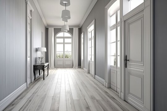 Beautiful White Hallway with New Grey Hardwood Floors. Bright and Stylish Interior of House Building with Wall and Door Details: Generative AI