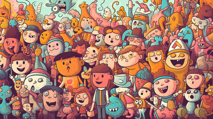 Fototapeta na wymiar Funny colorful quirky cute design character illustration. Composition of a cheerful crowd influenced by graffiti