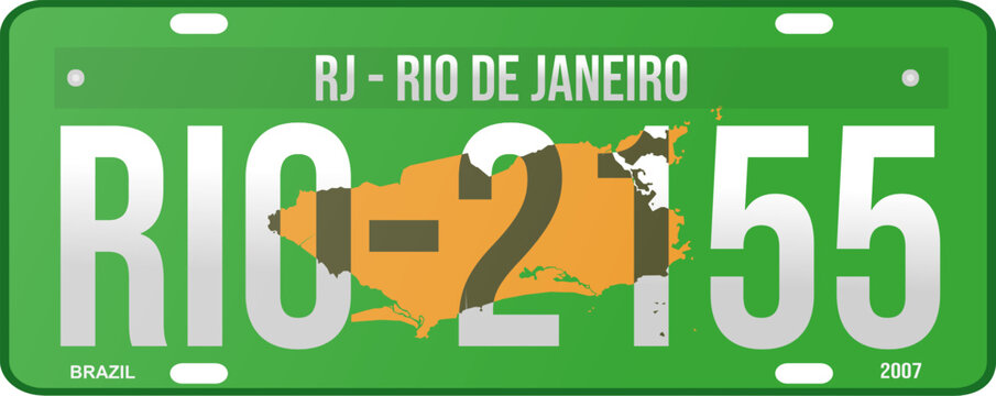 Old License Plate Rio de Janeiro - RJ - Brazil 2007 green. State map in background in yellow color. Fountain Bebas Neue