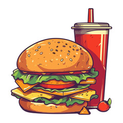 Grilled meat, cheeseburger and cola meal