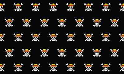 Fototapeta na wymiar Skull with hat cartoon illustration pattern on black background. Great for print, fashion, clothing, fabric, pillow, bed sheet design and more.