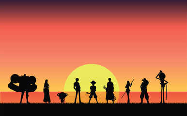 Fototapeta na wymiar Silhouette illustration of eight people and one pet watching a sunset panorama