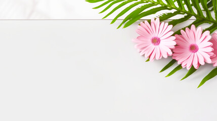 Empty white frame with green tropical leaves and pink flowers. Simple background, postcard, backdrop. Copy space for text. Generative AI