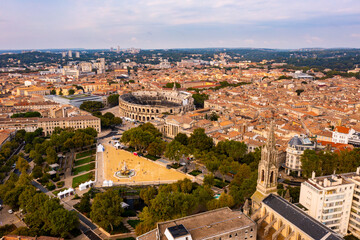 Obraz premium Nimes Arena aerial panoramic view. Nimes is a city in the Occitanie region of southern France