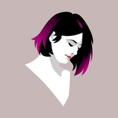 beautiful girl with short black and purple hair style. concept of beauty, fashion, salon. suitable for print, poster, wall art, etc. vector flat illustration.