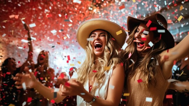 Confetti falling on women wearing cowboy hats laughing dancing in nightclub. Generative AI.