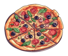 Freshly baked pizza with mozzarella and salami