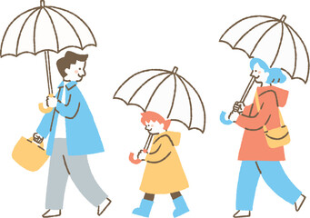 傘をさして歩く3人家族_色